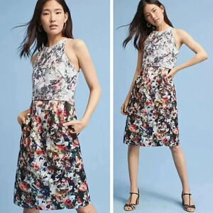 Anthropologie Monique Lhuillier Aviva Sequin Dress Mixed Media Floral Wedding